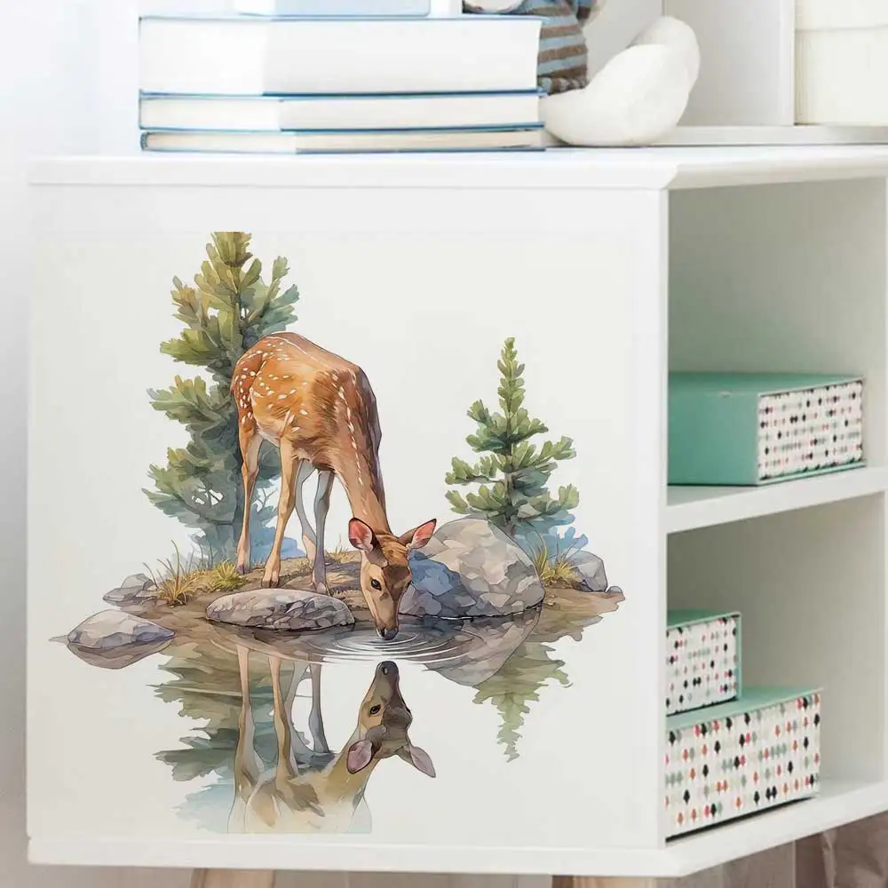 Watercolor wind forest fawn drinking water Reflection Wall Stickers-Living Room Porch Decoration Mural Stickers B75