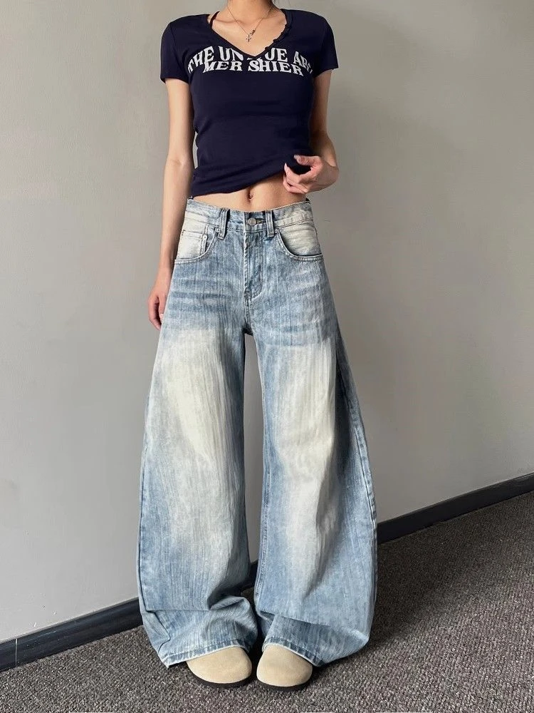 

Women's Washed Blue Curved Wide Leg Unisex Jeans Cool Girl Street Trousers Casual Bottoms Female Straight Loose Denim Pants