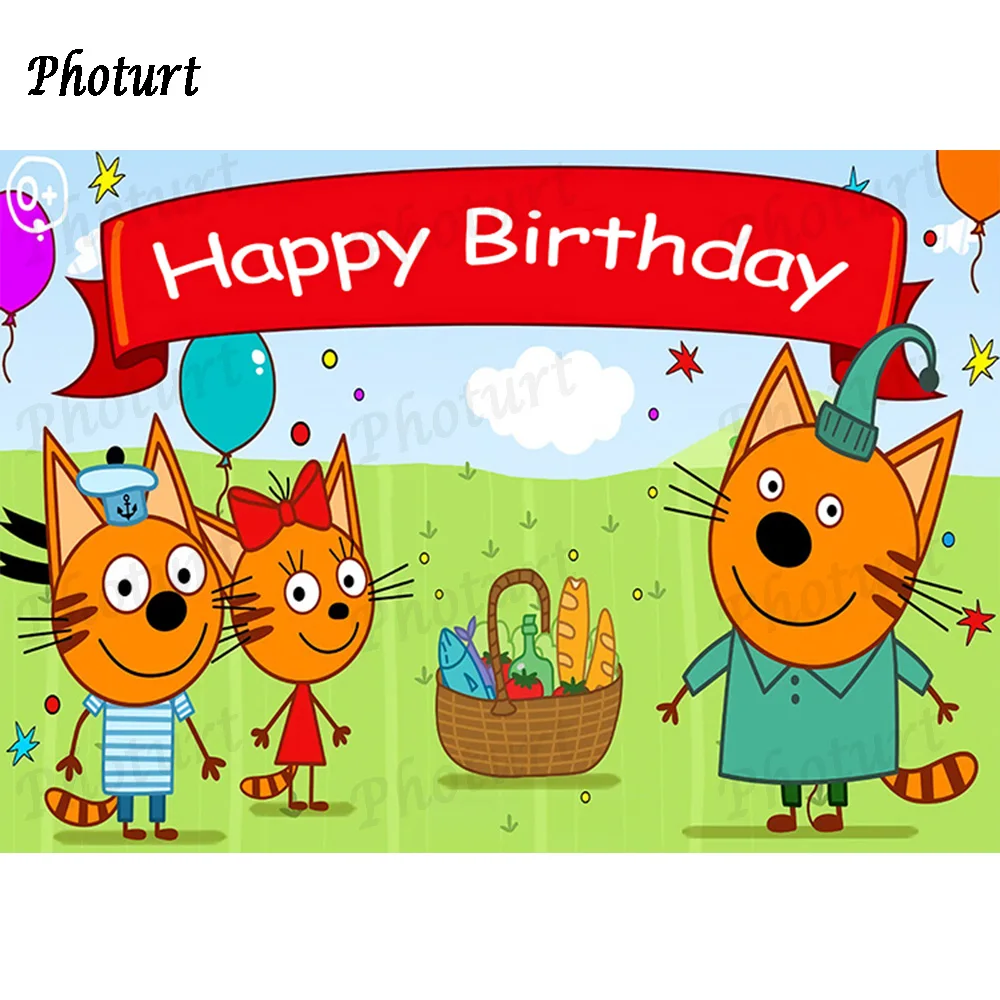 PHOTURT Kid E Cats Backdrop Kids Birthday Background Color Balloon Banner Vinyl Polyester Photography Studios Decoration Props