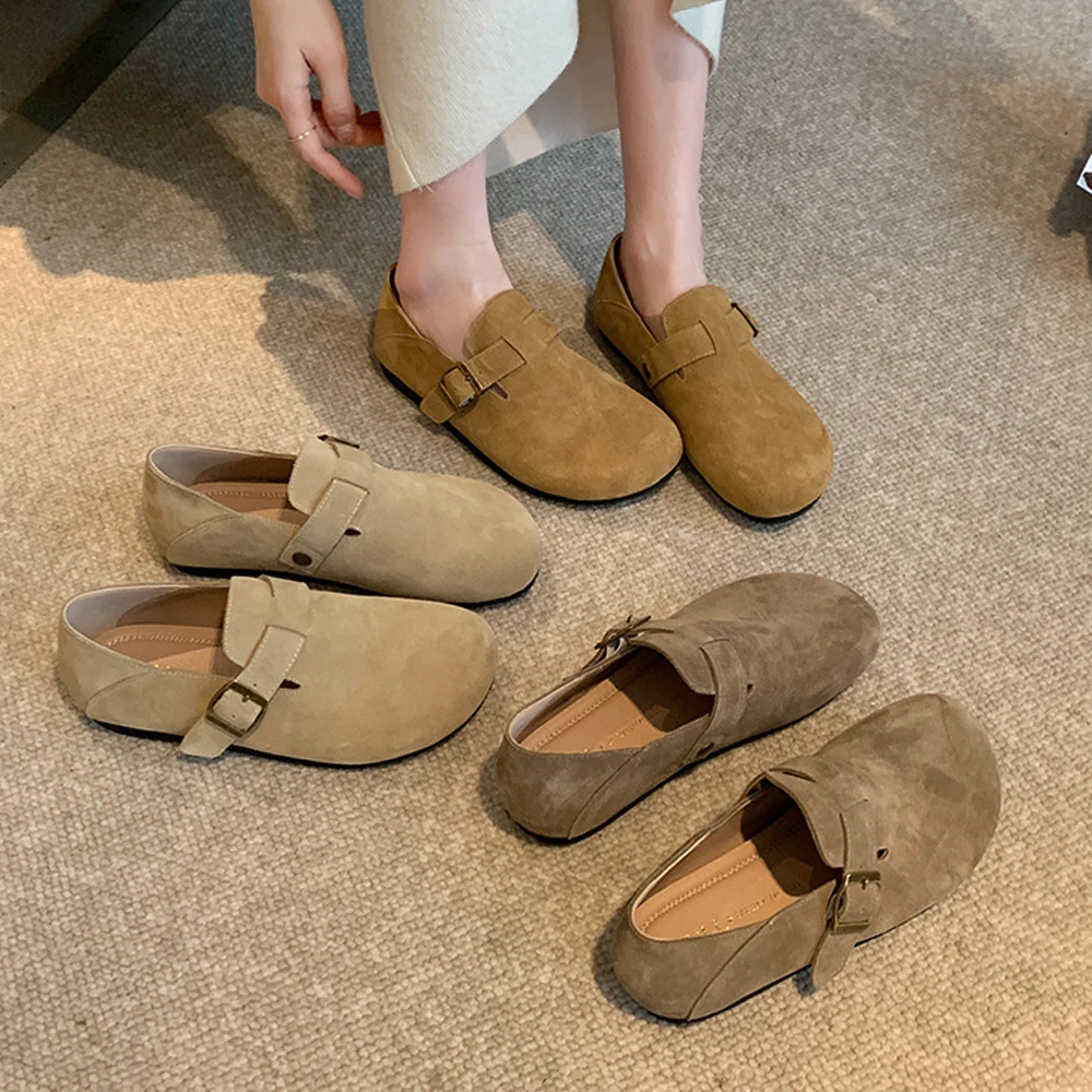 

Suede Clogs Women Unisex Leather Flats Soft Cork Footbed Buckle Slip Sandals Shoes with Arch Support Outdoor Beach Flat Sandals