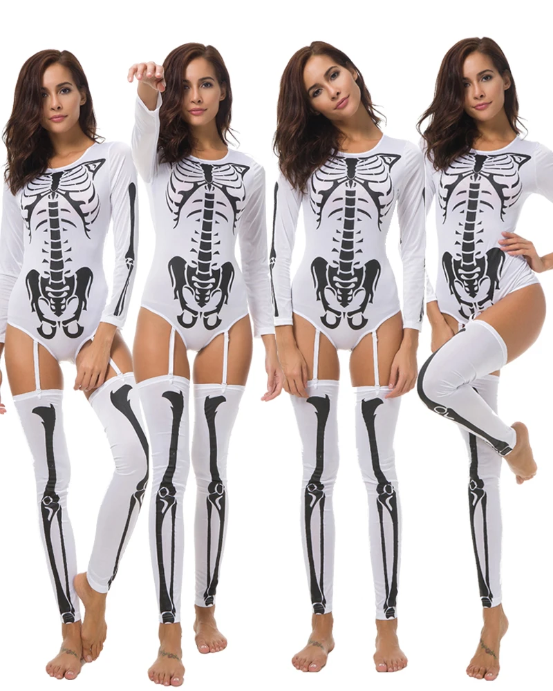 Mono de manga larga para mujer de Halloween, disfraz ajustado para adulto con calavera y esqueleto, mono de zombis para fiesta de juegos de rol