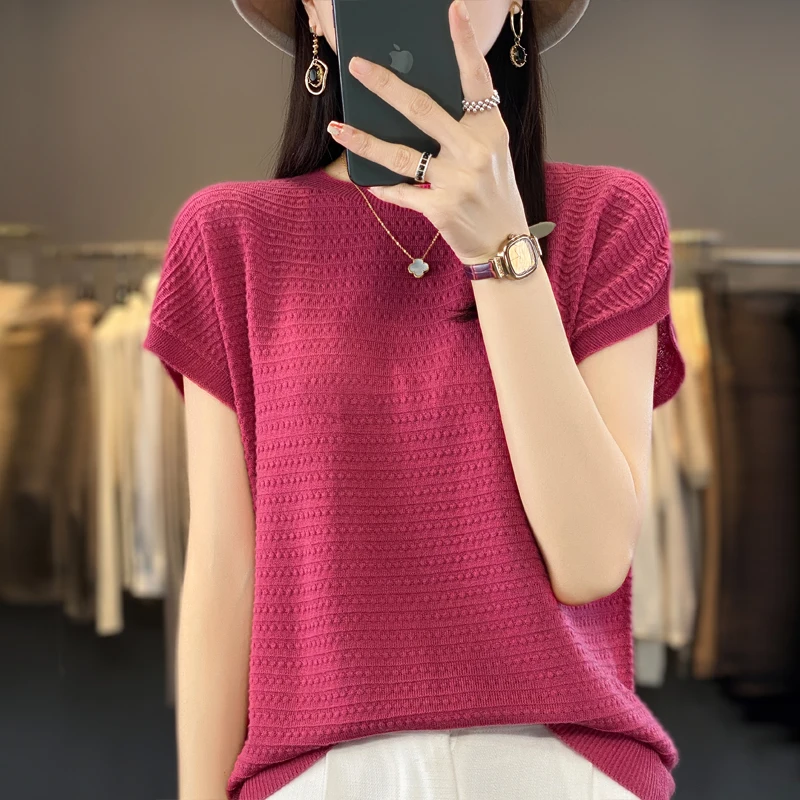 Fashion short half sleeve cashmere women\'s sweater 100% pure merino wool O-neck pullover sweater