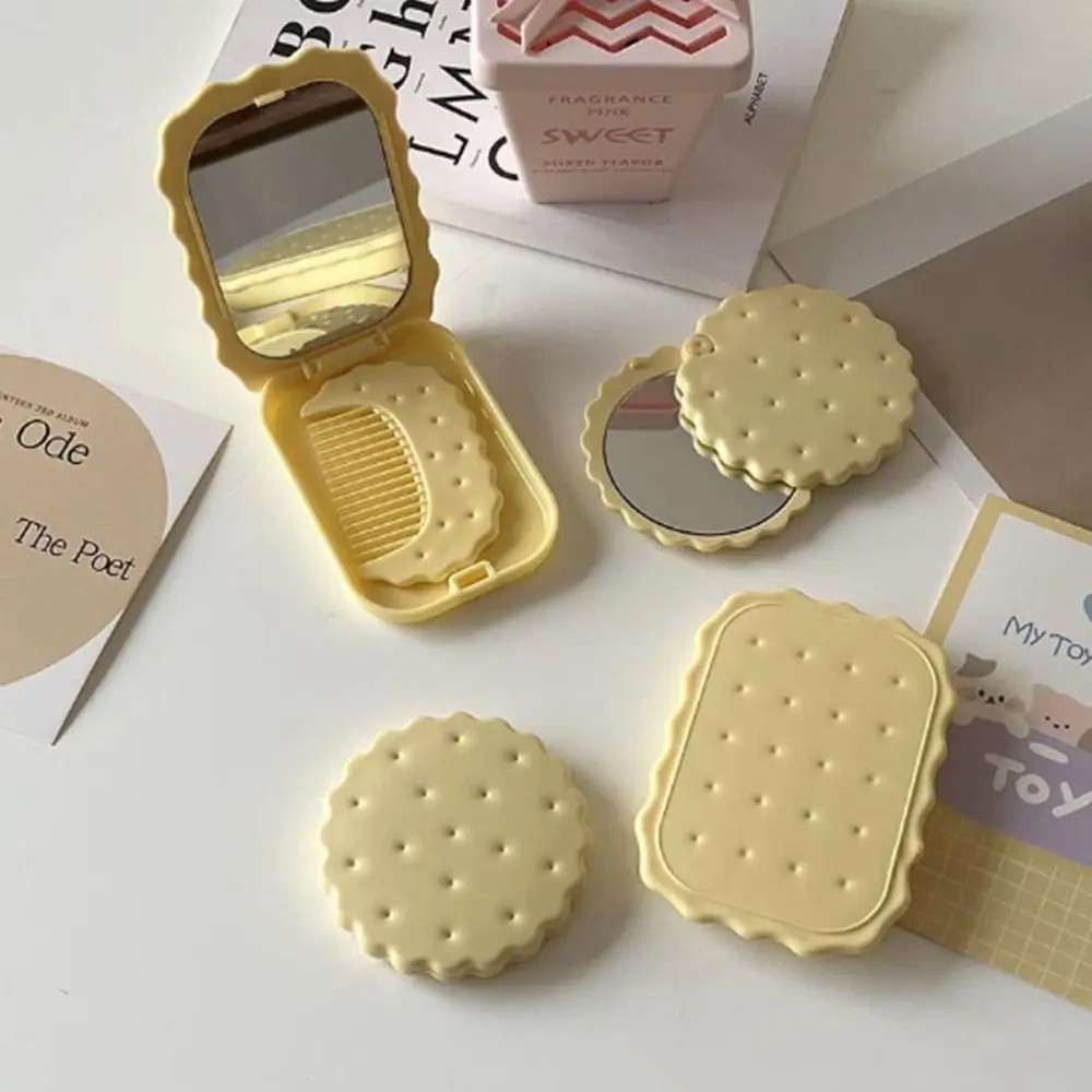 Simple Mini Biscuit Hand-Held Mirror Portable Folding Biscuit Make-Up Mirror Cute Plastic Biscuit Pocket Mirror Student