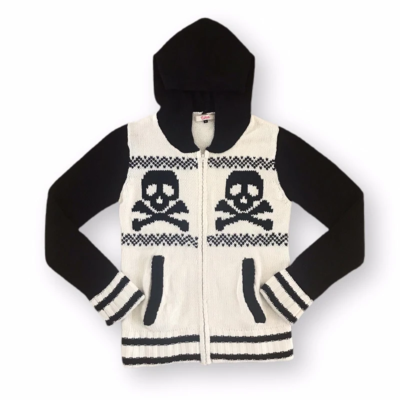Mikumn Y2K Harajuku Punk Black White Skull Sweater Jacket Women Gothic Hooded Pocket Zip Cardigan Knitted Coat Streetwear