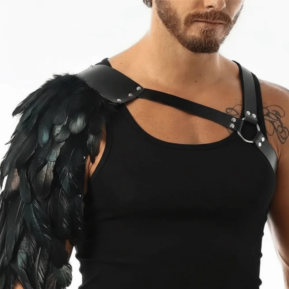 Black PU Leather Gothic Shoulder Armor Double Shoulder Feather Cloak Leather Harness Leather Armour LARP Feather Shoulder Armor