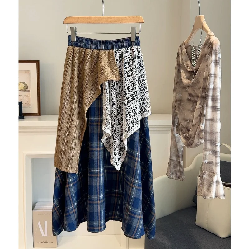 Bohemian Patchwork Midi Skirt Women's Plaid Lace Panel Asymmetrical Skirt Y2K Aesthetic Elegant Sweet Girls Holiday Retro Dress