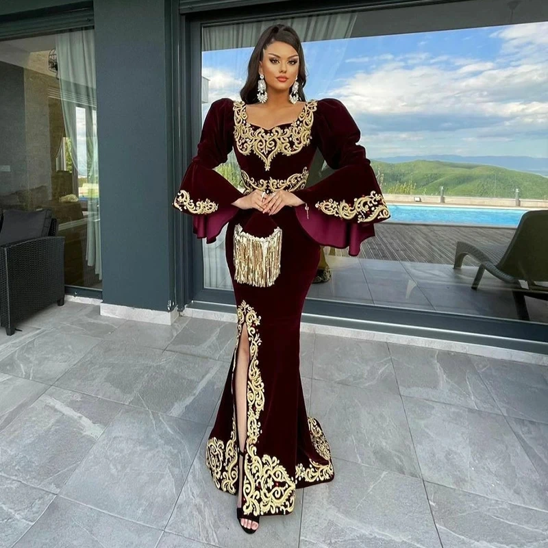 Burgundy Moroccan Caftan Formal Evening Dresses Mermaid Long Sleeves Appliques Prom Dresses Arabic Party Dresses