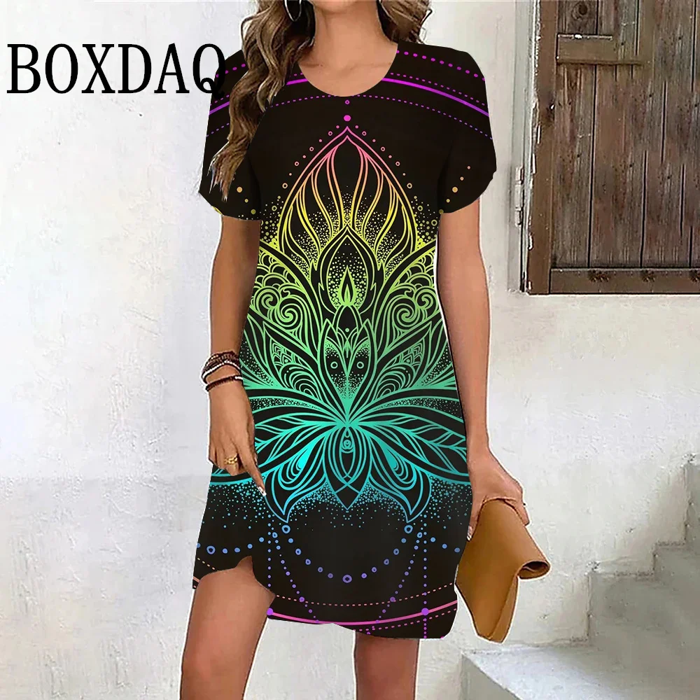 Gradient Leaves Print Dress Women Fashion Abstract Party Mini Dress Summer Casual Short Sleeve O-Neck Loose Dresses Plus Size