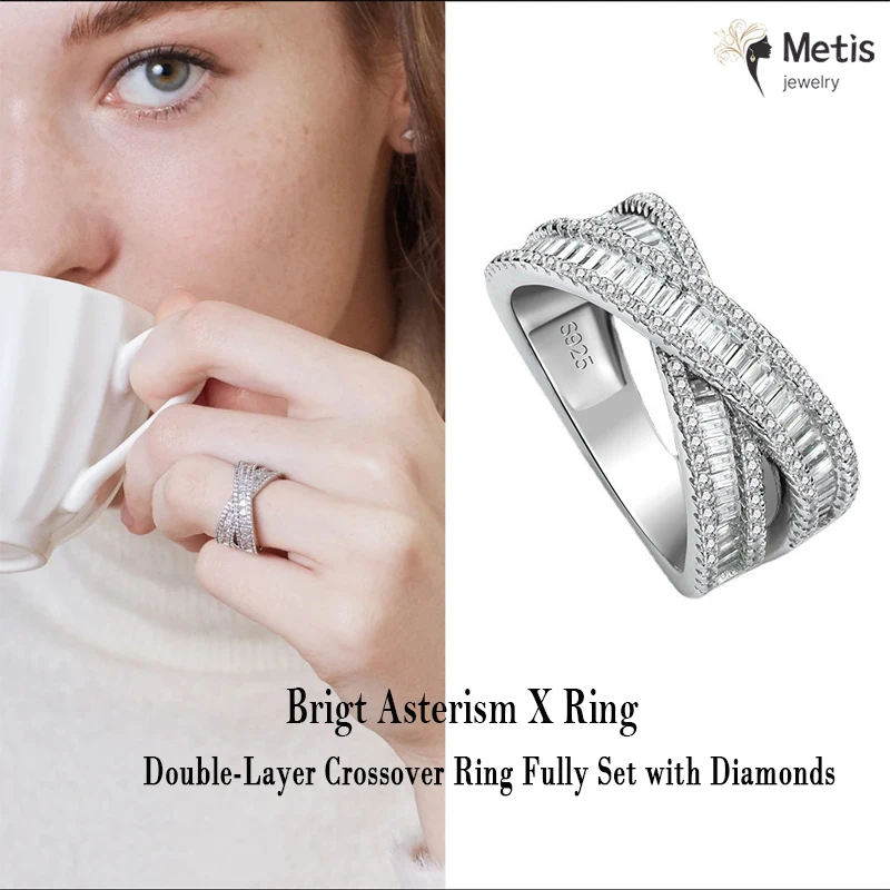 

S925 Sterling Silver Double Layer Cross Full Diamond Ring Minimalist Stackable Statement Finger Jewelry for Women