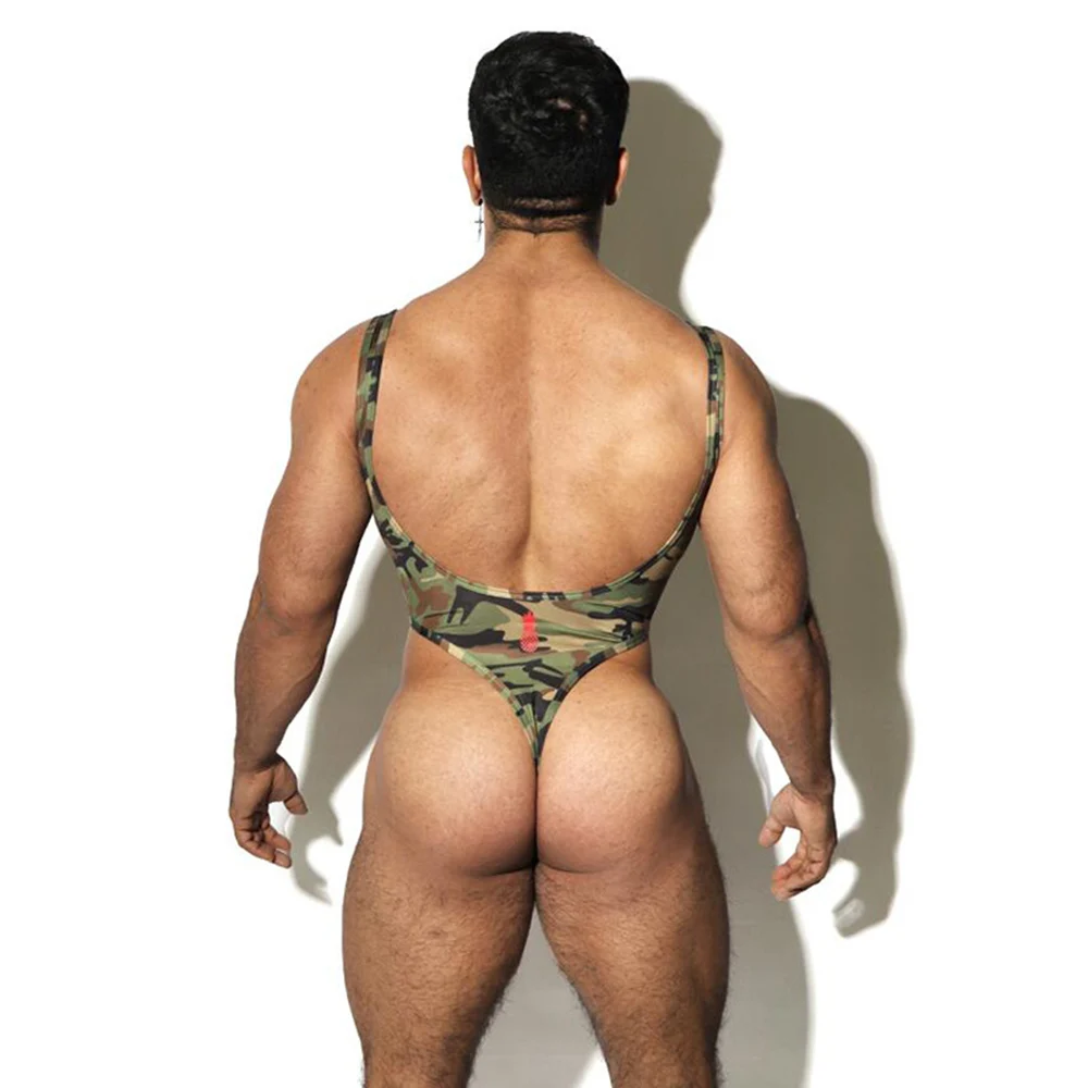 Men\'s Sexy Jumpsuit New Solid Stretch One-Piece Underwear Camouflage Bodysuit Shaper Vest Wrestling Singlet Open Butt Rompers