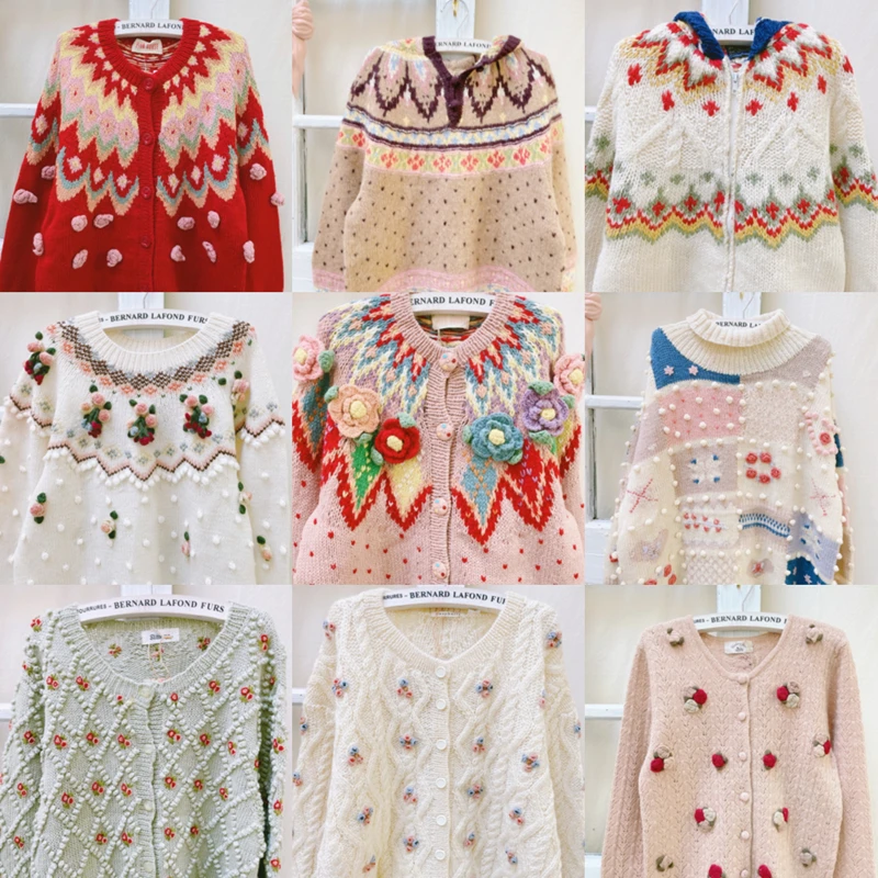 

Retro Handmade Pure Woolen Sweater Warm Cozy Vintage Cisas Sle Women's Faion Sweet round Ne Long Sve Regular Fit