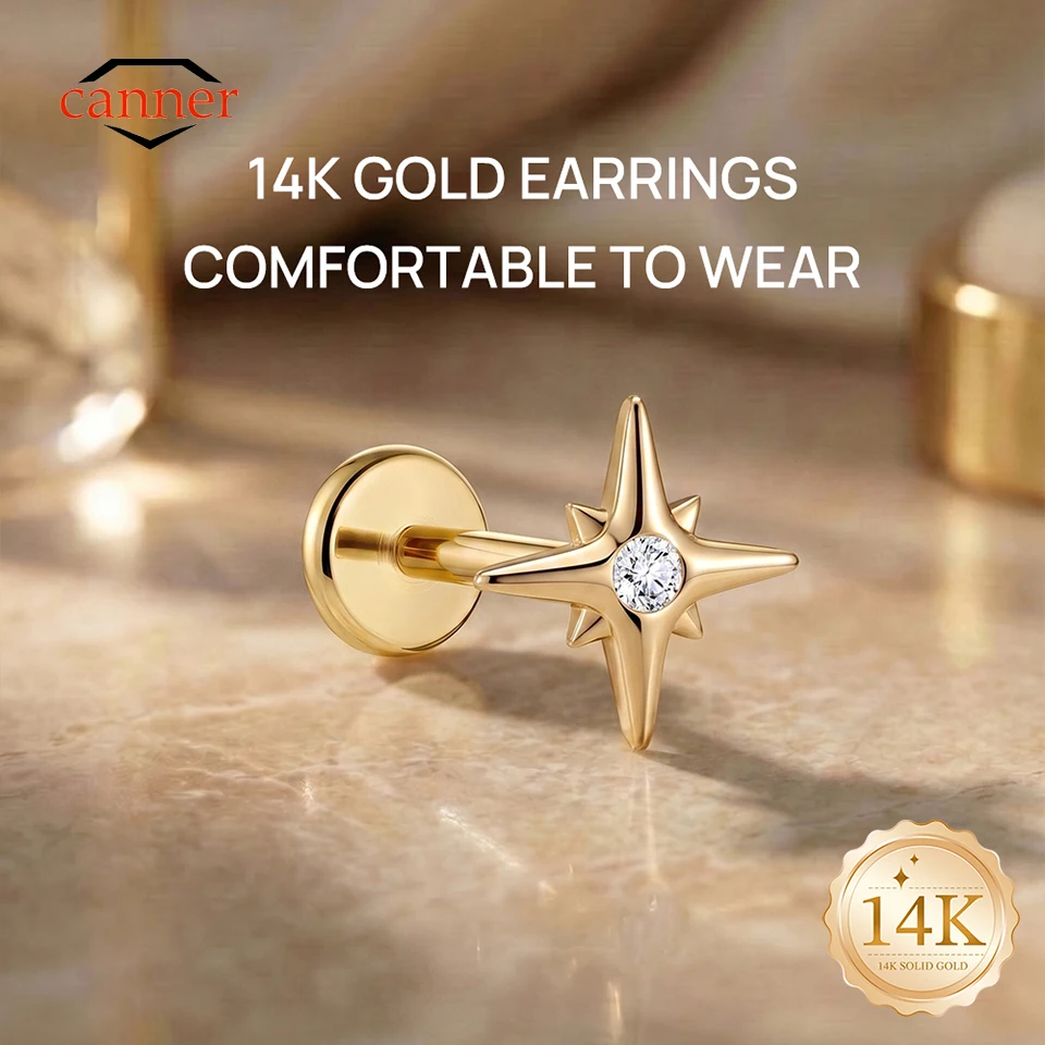 CANNER 1PC 14K Solid Gold Eight-pointed Star G23 Titanium Flat Back Cartilage Earrings For Women Tragus Helix Piercing Jewelry
