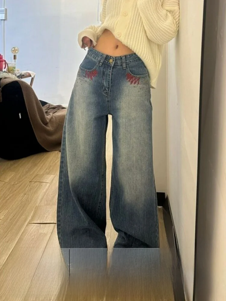 

Ретро джинсы с вышивкой, расклешенные, женские повседневные брюки, прямые джинсовые штаны с высокой талией, осенне-зимняя мода для женщин