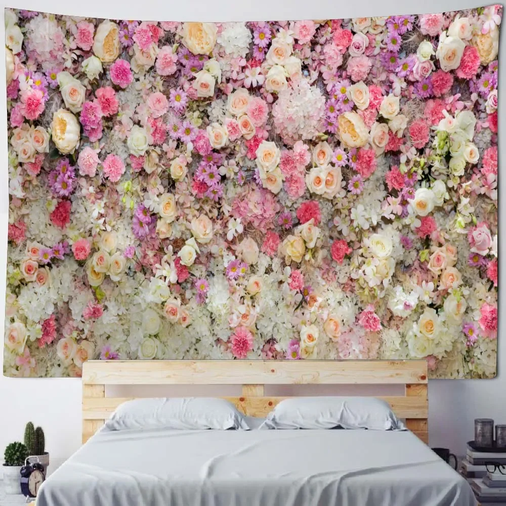 Landschaft rosa Blume Tapisserie Pflanze Rose Stoff Kunst Druck große Wandteppich böhmischen ästhetischen Schlafzimmer Haupt dekoration