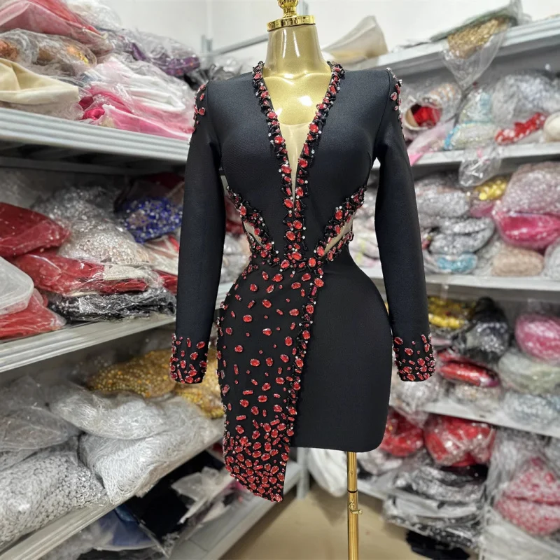 

Women's Fashion Hot-Selling European and American Style Bandage Long Sleeve Dress DeepVHollow Rhinestone Banquet Party Dress