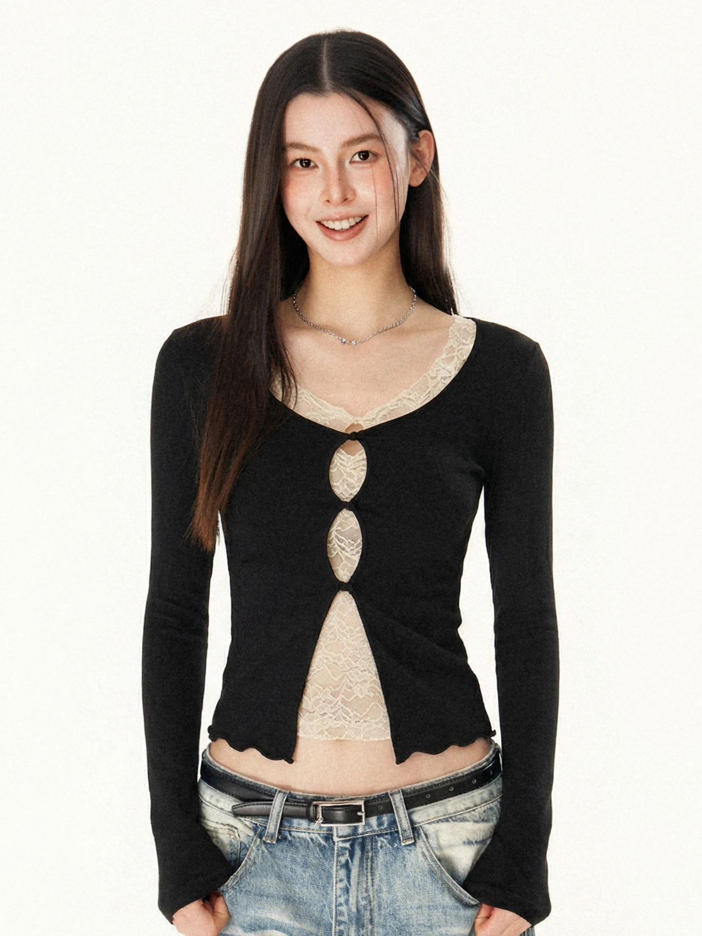 

Original OFFSOUL Spicy Girl Lace Long Sleeve T-Shirt Women's Slim Fit Versatile Base Layer Shirt Spring 2026 Cotton Blend