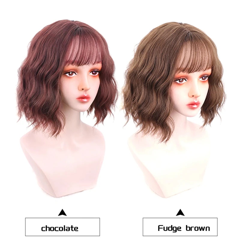 

Wig Bob Bobo Wig With Bangs For Women, Natural Looking Short Bob Wig, Short Curly Wig For Daily Korea Versions Durable Chocolate