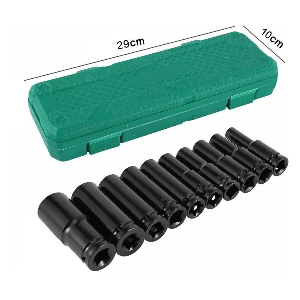 10-teiliges Schlagschrauber-Set, 1/2 Zoll metrischer Schraubenschlüssel, tiefe Steckschlüssel, 10–24 mm, pneumatischer Schraubenschlüsselkopf, Werkzeuge zum Entfernen von Reifen