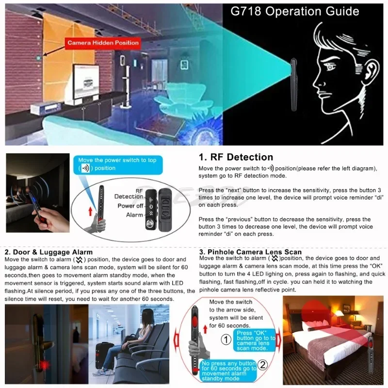 Detector G718, Detector de cámara antiespía, alarma de protección, Mini probador WiFi inalámbrico multifuncional, detección infrarroja GPS