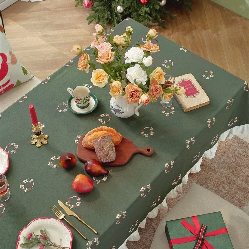 Embroidered Christmas Restaurant Tablecloth Skirt Hem Ruffled Tea Table Cover Fabric Restaurant Decoration