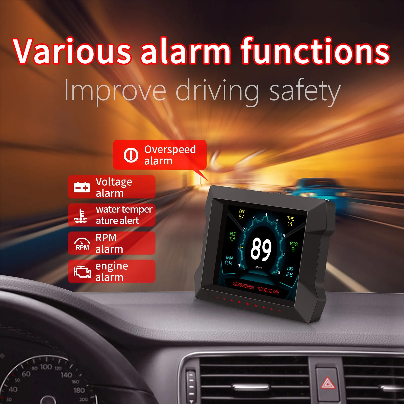 P22 Car HUD OBD2 GPS Digital Gauge Inclinometer Head Up Display Speedometer RPM Coolant Temp Multi Display Alarm