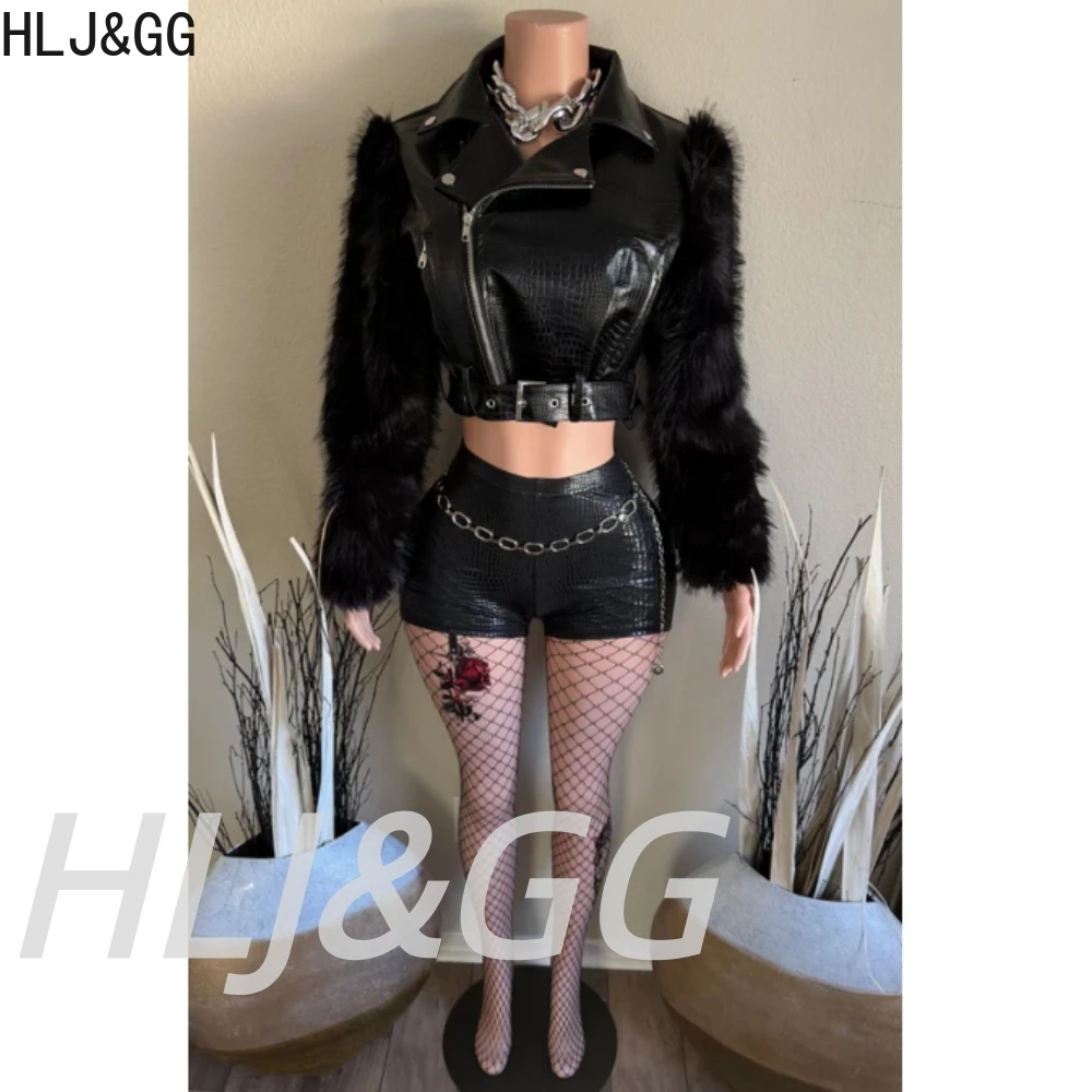 

HLJ&GG Fashion Leather Patchwork Fur Biker Jacket Two Piece Sets Women Zipper Long Sleeve Crop Top And Shorts Outfits Streetwear