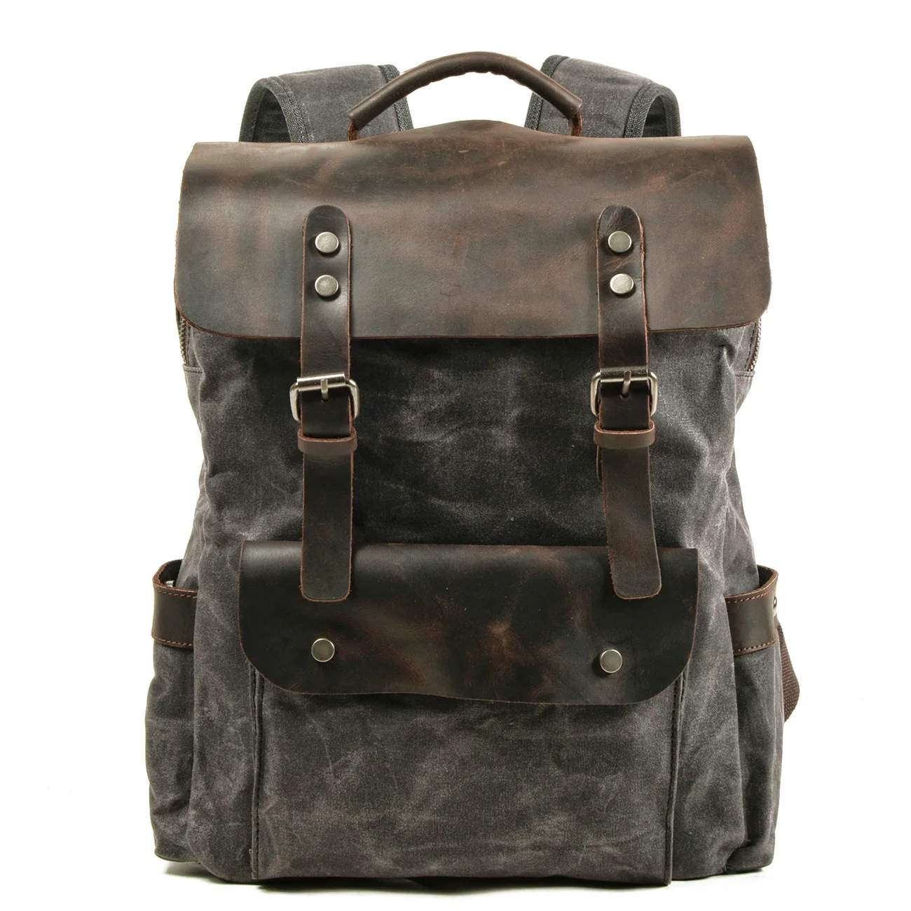 

Outdoor Computer Backpack Student Waterproof Bag Cotton Waxed Canvas with the Header Level Crazy Horse Leather Backpack