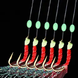 6PCS/Bag Luminous Bean Sabiki String Hook Rig Artificial Rubber Lure Bait Tackle 9 Sizes Fishing Hooks Sea/Freshwater Fishing