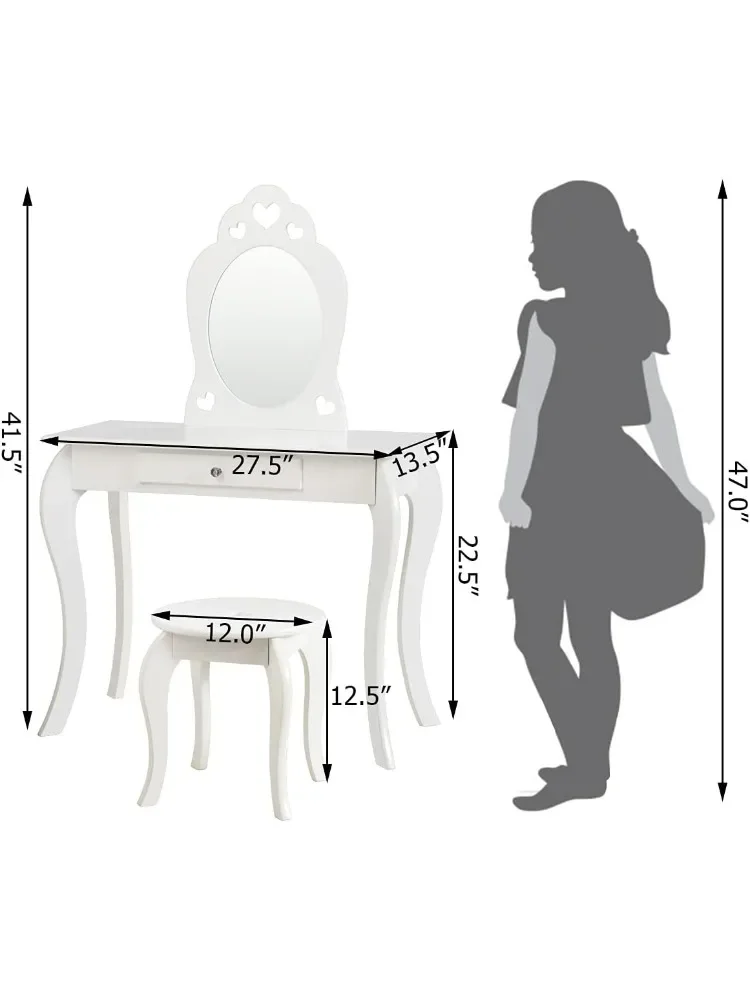 مجموعة فانيتي للأطفال مع مرآة، طاولة زينة خشبية للأطفال الصغار مع مقعد ودرج، طاولة تزيين مكياج التجميل للأميرة