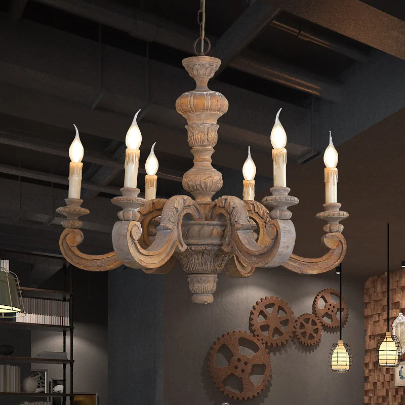 Antique Wooden Retro Chandelier European Style Hanging Lamp With Carved Candles For Farmhouse Living Room Bedroom