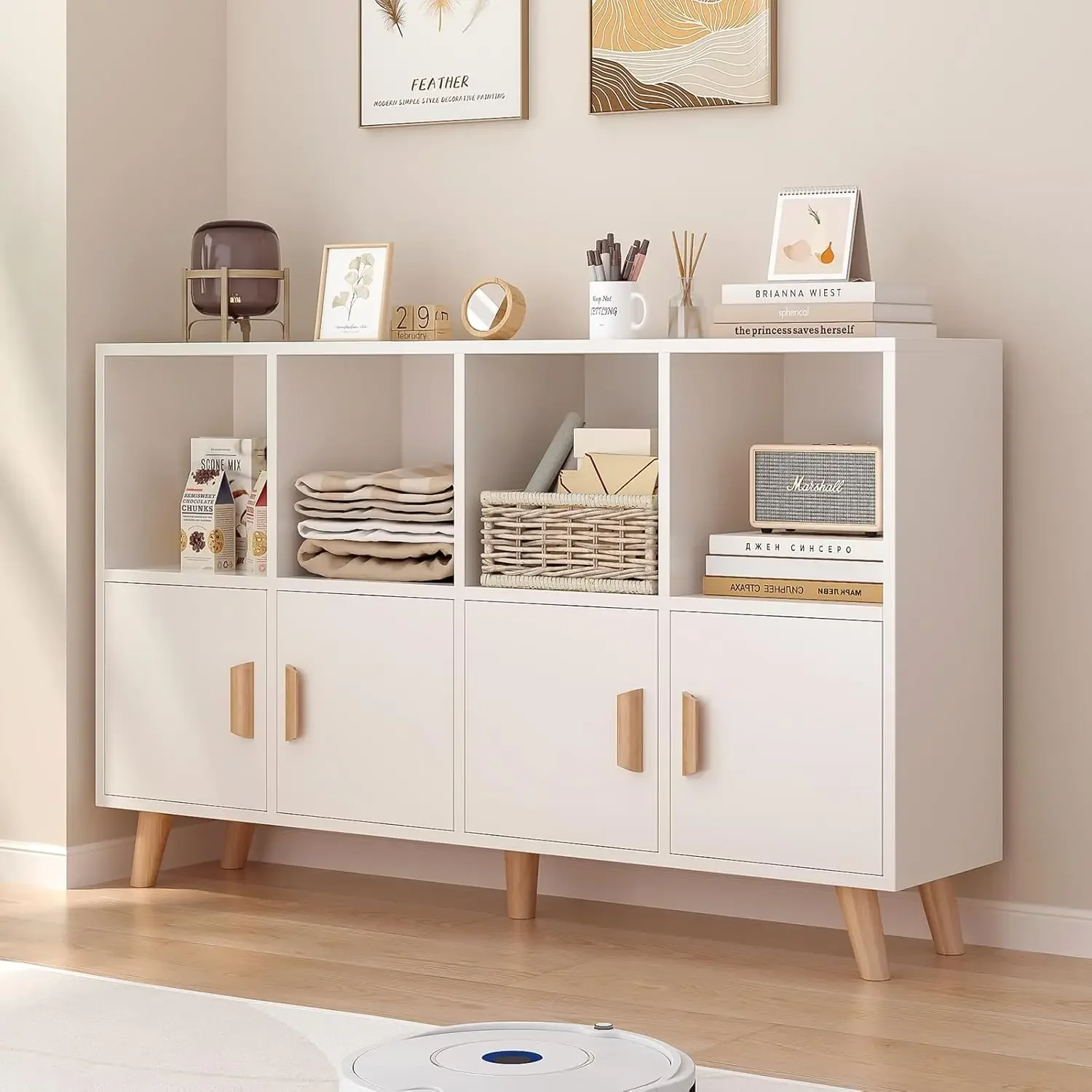 Shelf Bookcase with Doors - Wooden 8 Cube Floor Standing Open Bookshelf with Solid Wood Legs, 2-Tier Low Storage Cabinet,