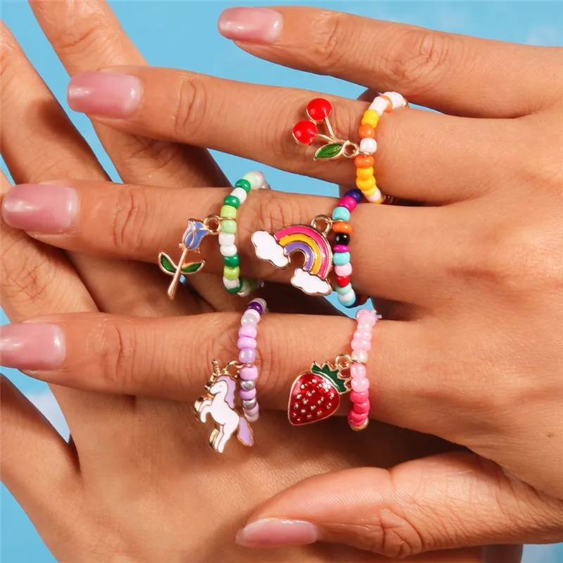 Aihua Korean Colorful Flower Ring Sets Bohemia Handmade Multi Beaded Rice Beads Finger Ring For Women Beach Jewelry Gifts
