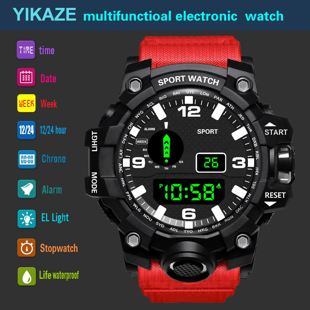 YIKAZE Y02 Sports Men\'s Watches Multifunction Military Digital Wristwatch Stopwatch Clock LED Electronic Watch for man Student