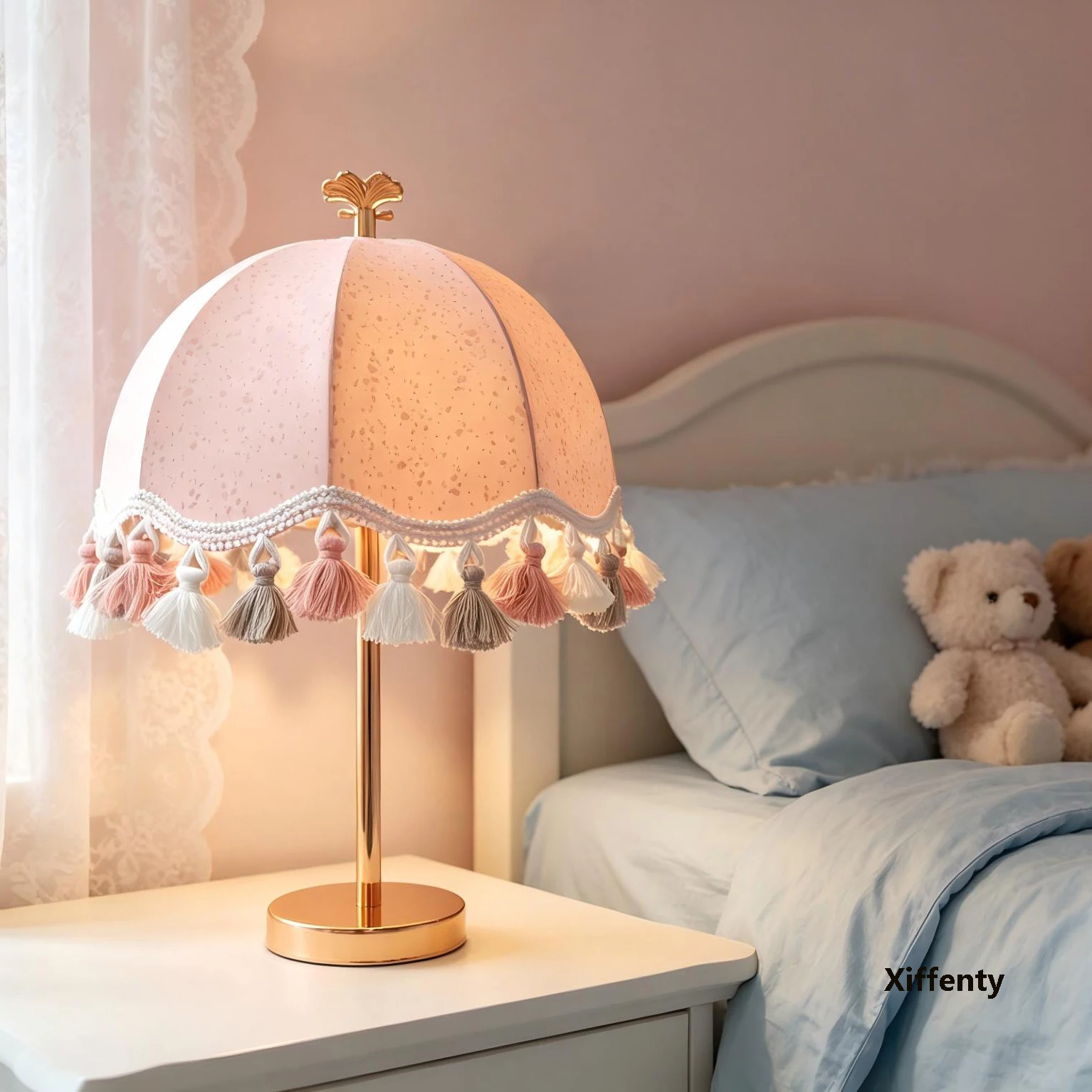 Cute Pink and Purple Polka Dot Tassel Table Lamp with Rose Gold Rod Bedroom Bedside Decor Ambient Light