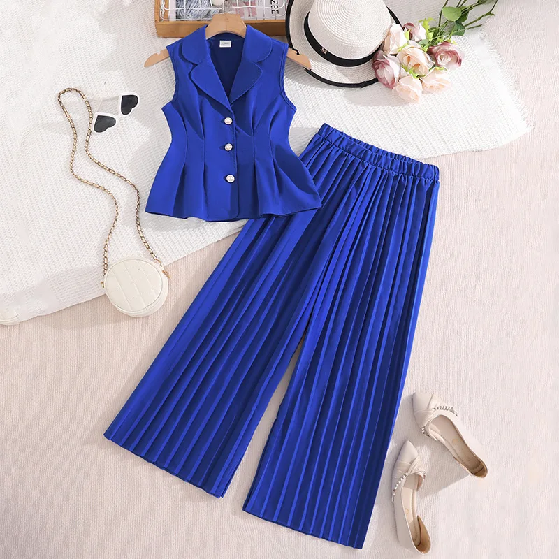 New Summer Teen Girls Clothing Set Fashion Single Breasted Lapel Vest+Long Pants 2 Pcs Suit For 8-14Y Kids Casual Outfit
