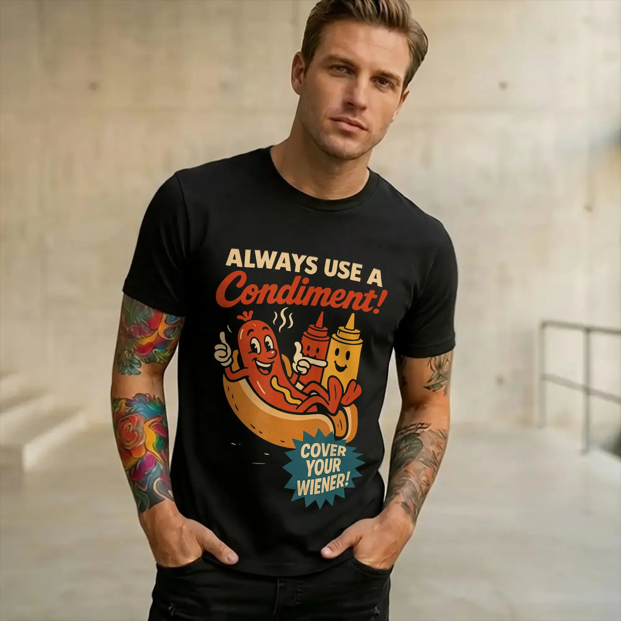 Always Use a Condiment Cover Your Wiener Funny Hot Dog  Merch Men Women T Shirts Pure Cotton Tee Print  T-shirt Clothing