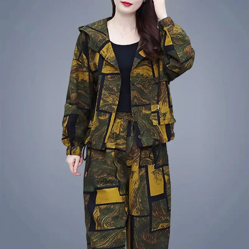 

Женский комплект из двух предметов, женские повседневные модные костюмы с капюшоном, новый весенний костюм большого размера, повседневное пальто с капюшоном + брюки, комплекты L-5XL