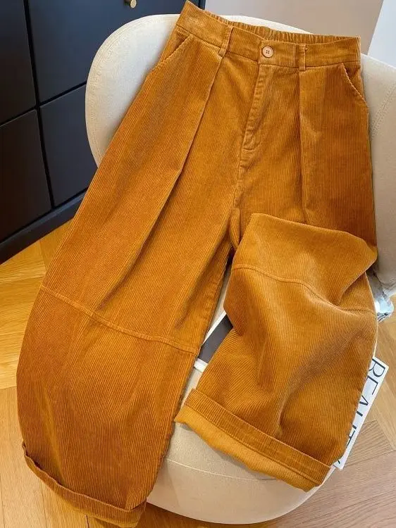 

plus Size 300 Pou Women's Orange Corduroy Wide Leg Pants Casual High Waist Autumn Winter Long Trousers Skin-friendly Breat...