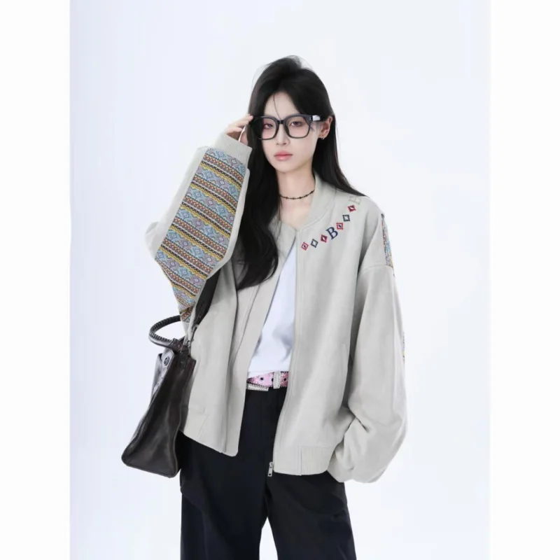 

Американская бейсбольная форма в стиле ретро, этнический стиль, сращенная куртка, женская свободная куртка, топ