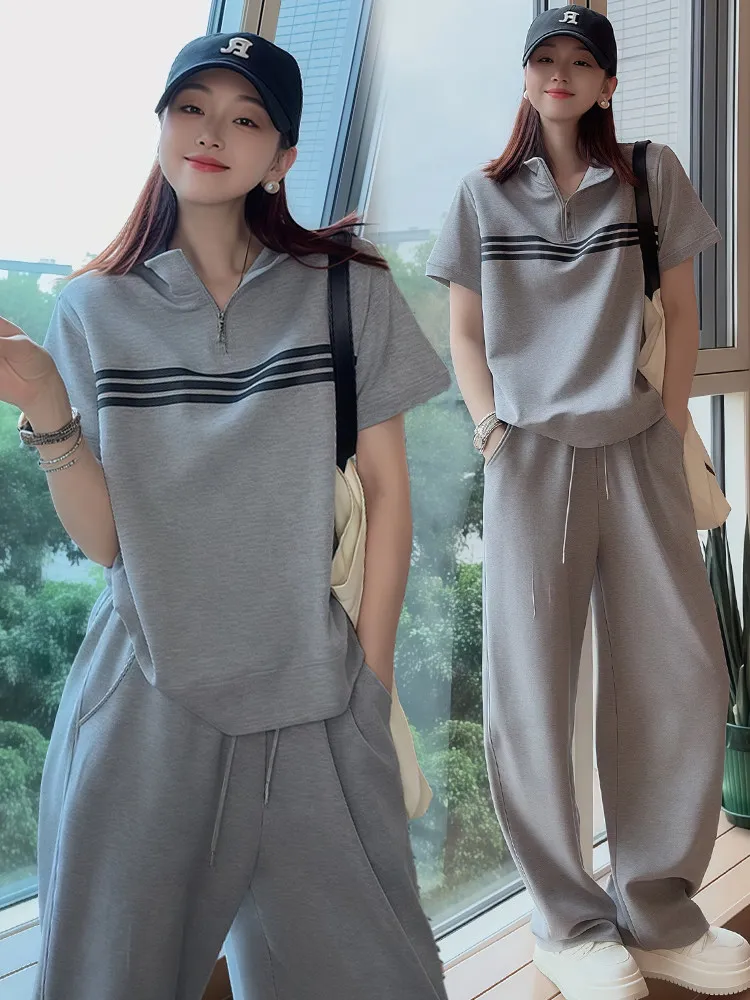 

Fashionable Casual Sportswear Set Women's Summer Large Size European Style Stand Collar Top Wide Leg Pants Two Piece Set