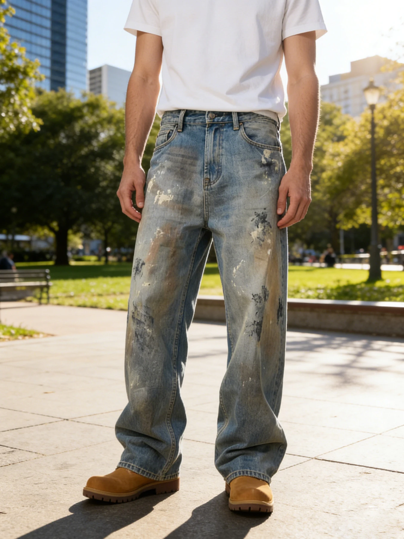 

American-style high street distressed splatter wide-leg jeans for men, gradient wash, loose and draped trendy long pants