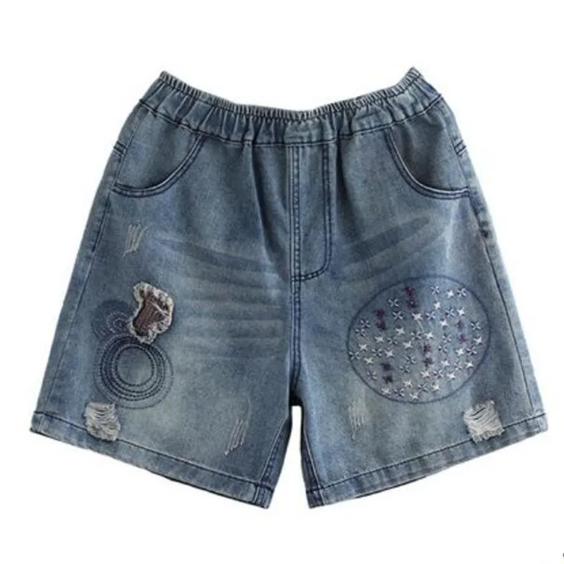 

Summer Vintage Embroidery Pattern Denim Shorts Women Elastic Waist Hole Wide Leg Loose Jeans Short s236