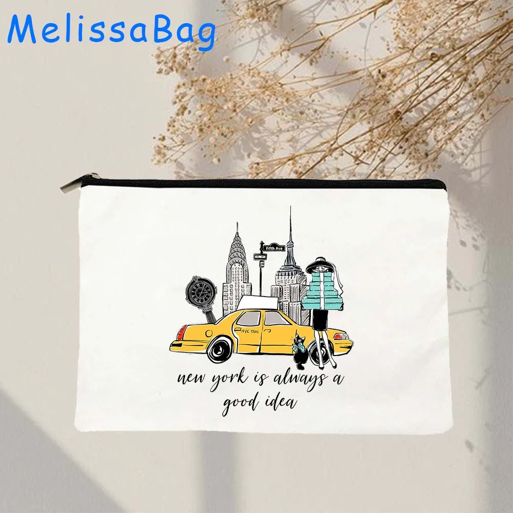 Bolsa de lona con cremallera para cosméticos, bolsa de lona con letras de NYC, Empire State Building, Estatua de la libertad, regalos para maquillaje