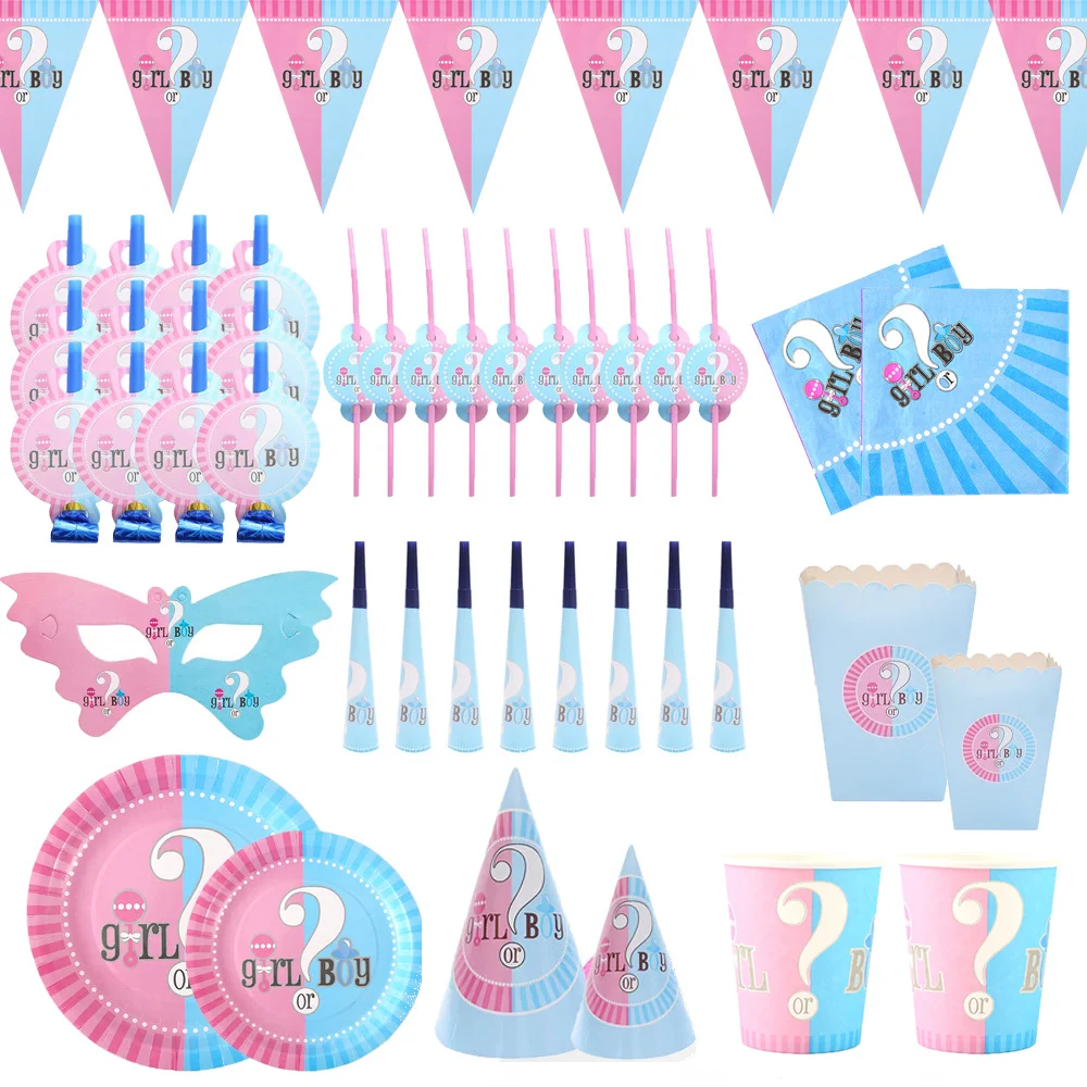 

Party Disposable Supplies Gender Reveal Theme Tableware Cartoon Blue Pink Paper Plate Napkin Cup For She Or He Party