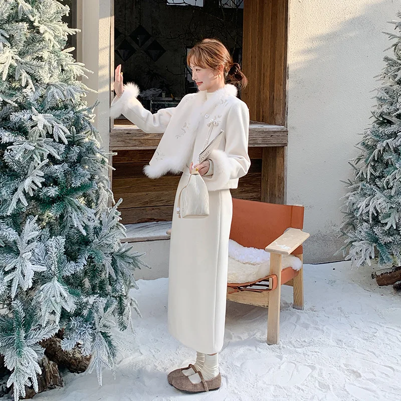 Embroidered National Style Winter Set Women's Fashion New Chinese Style Fox Fur down Jacket+Solid Slimming Long Half Skirt