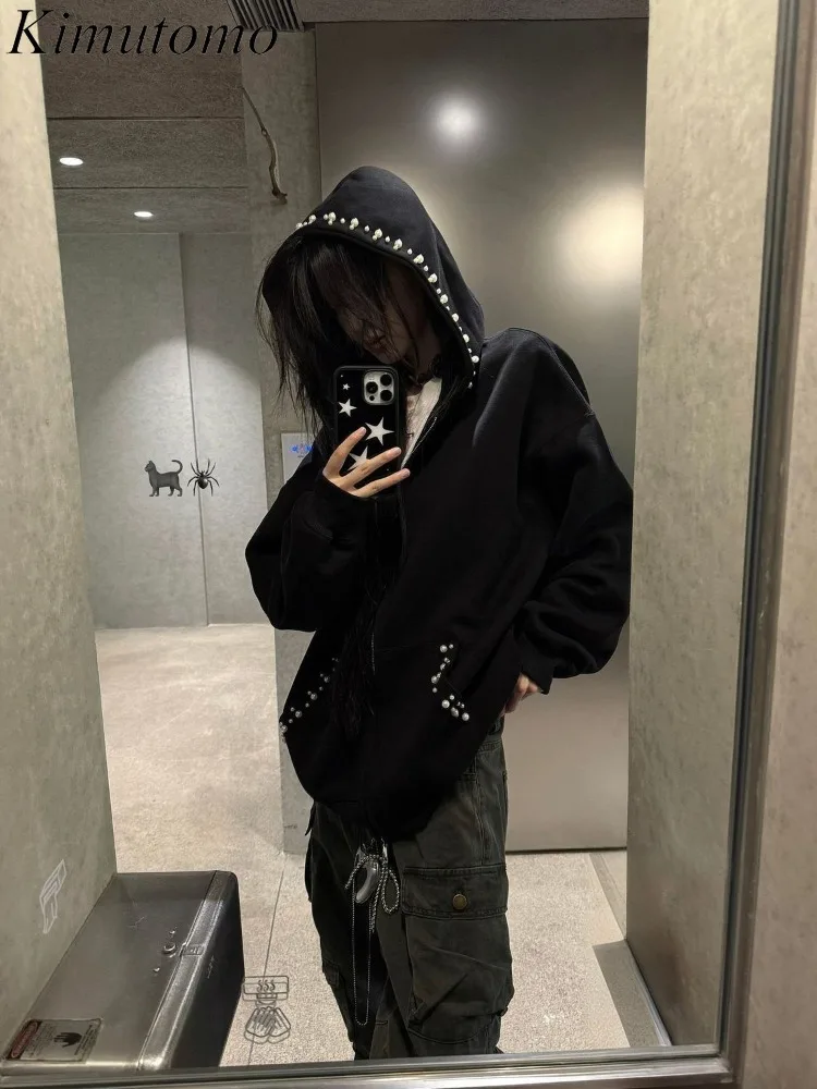 

Kimutomo Hoodies Women Vintage Pearl Beaded Spring Autumn Fashion Loose Zipper Sweatshirts Y2k Aesthetic Harajuku Grunge Jackets