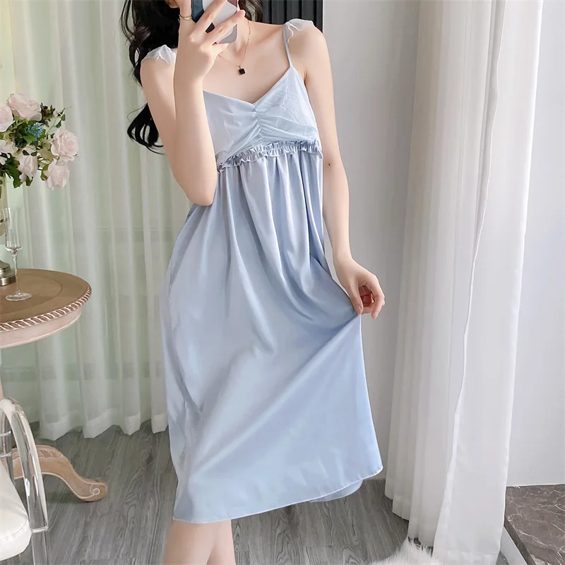 Women Mid-Length Nightdress Silky Satin Home Dress Sexy Strap Nightgown Summer Sleepwear Suspender Sleepdress Loungewear