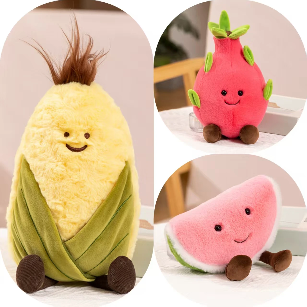 

Cute Fruit Series Watermelon, Dragon Fruit, and Corn Plush Toys – Soft and Adorable Home Decor Stuffed , Perfect as Small Gifts