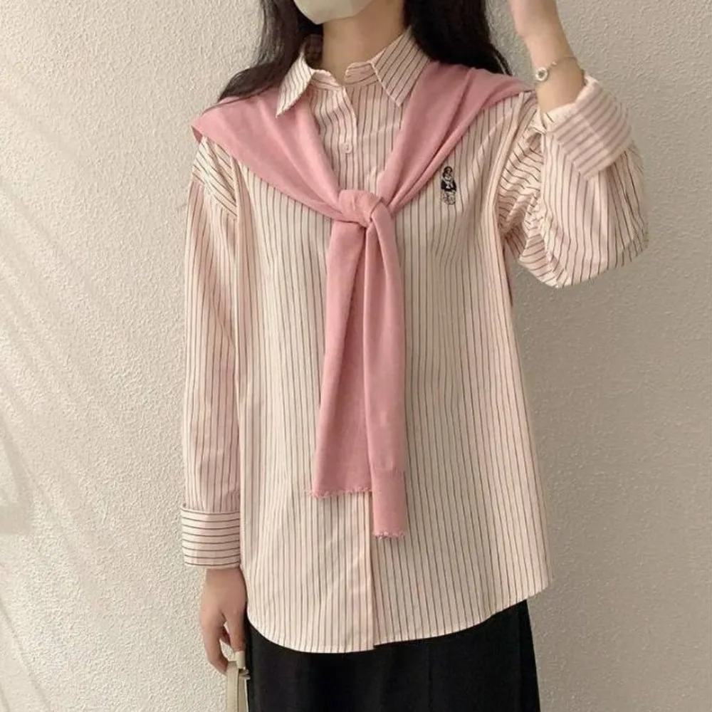 

Korean Y2K Striped Shirts Women Button Up Preppy Style Two Pieces Shirts Set Embroidery Bear Loose Knitted Shawl Shirts Female