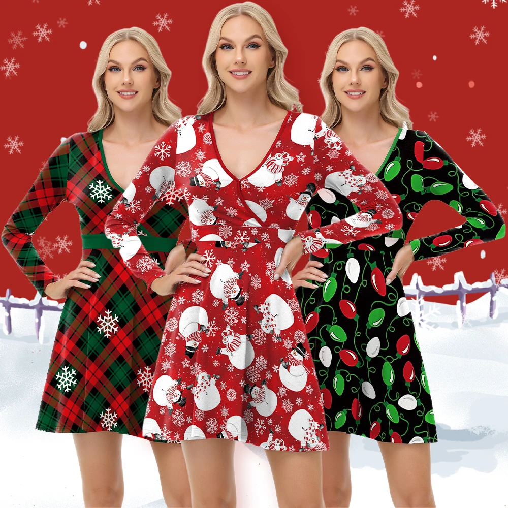 ZAWALAND Xmas Women's Dress Christmas Tree Snowman Printed V-Neck Dresses Cosplay Costume Elegant Ladies Christmas Party Dress